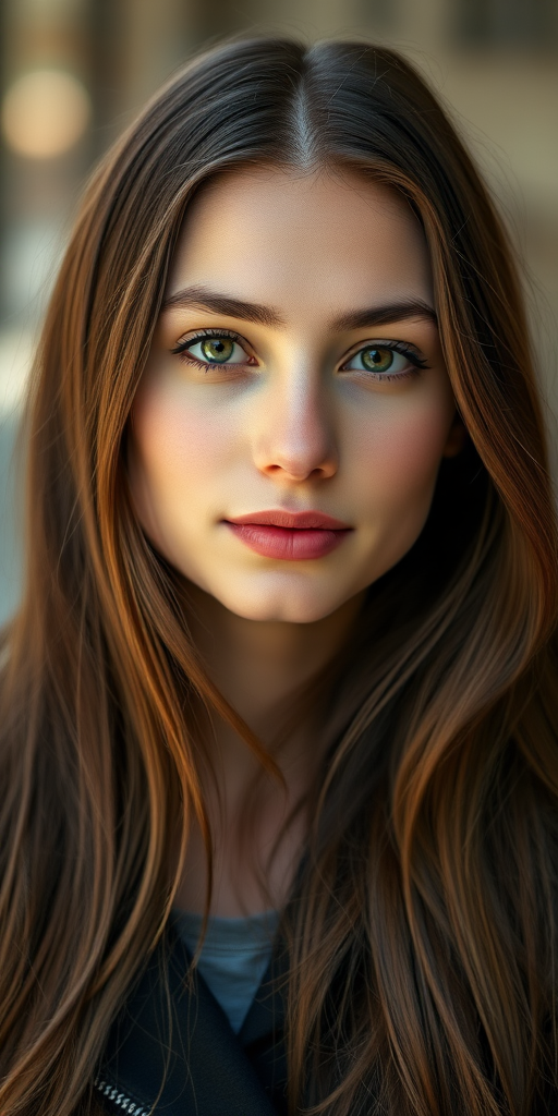 Create a portrait of a young woman with long brown hair and a soft expression, wearing a dark jacket, shot in natural light with a shallow depth of field, using a Canon EOS R5, 85mm f/1.2 lens, ISO 100, aperture f/1.2, and a slight vignette effect for a dreamy background.