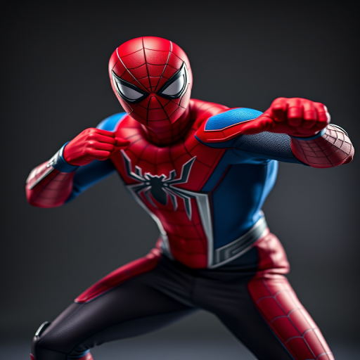 Generate an image of a superhero in a vibrant red and blue suit with a spider emblem, striking a dynamic pose, using a high-resolution DSLR camera at f/2.8, ISO 100, 50mm lens, with a shallow depth of field, in a studio lighting setup, capturing intricate details and textures of the costume.