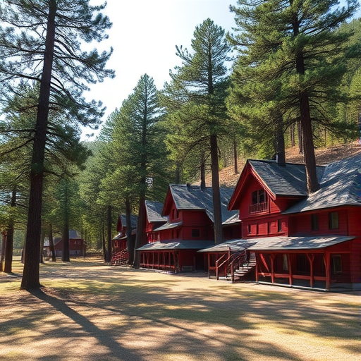 A serene landscape featuring traditional red buildings nestled among tall pine trees, dappled sunlight casting elongated shadows on the ground, depth of field focus on the foreground, sharp details in the architecture, wide angle lens, f/8 aperture, ISO 200, 1/125 sec shutter speed, taken with a DSLR camera in soft natural light.