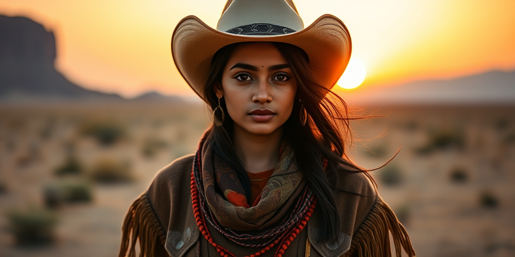 Dramatic photo of a beautiful Bangladeshi woman, classic cowboy attire, confident and free spirit expression, half-length portrait, centered, golden hour desert landscape, warm, diffused light, low angle, medium format film camera, in style of Annie Leibovitz.