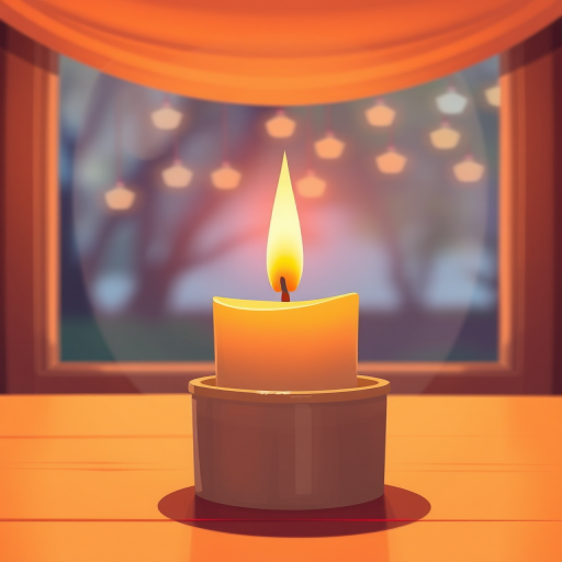Create a high-resolution digital illustration of a lit candle, soft natural light, ISO 100, aperture f/2.8, 50mm lens, capturing a close-up view with a warm, inviting background for enhanced depth and color contrast.