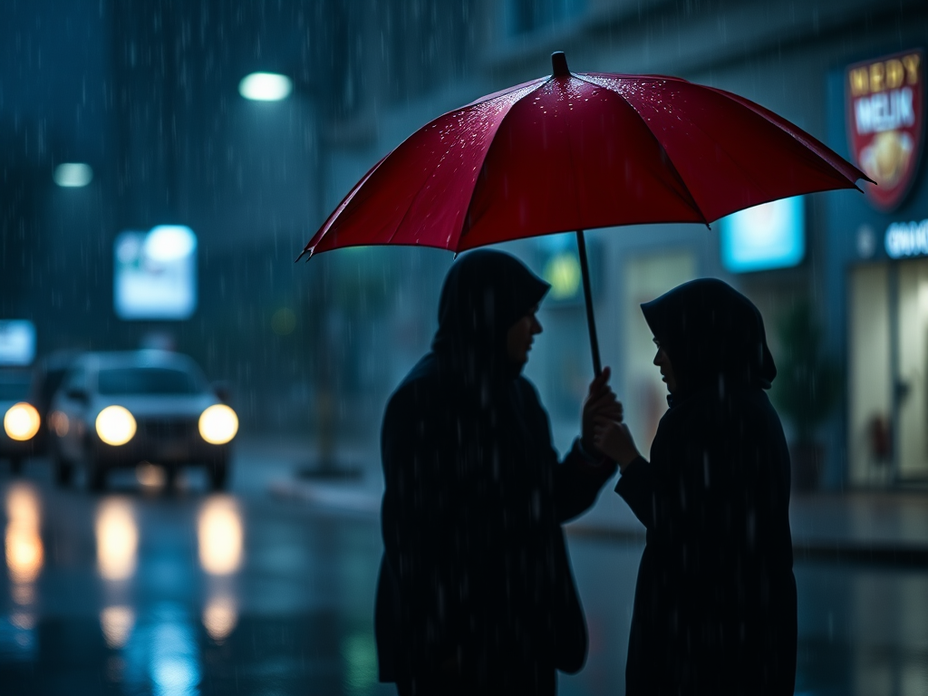 two silhouetted figures under a red umbrella in heavy rain, captured with a shallow depth of field, focal length 50mm, aperture f/2.8, ISO 200, using a DSLR camera with a soft focus on the background to enhance the mood and emphasize the figures