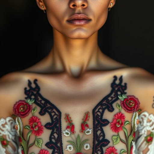 Face, shoulders, chest covered in openwork Cambodian embroidery. Raw, unedited image.
