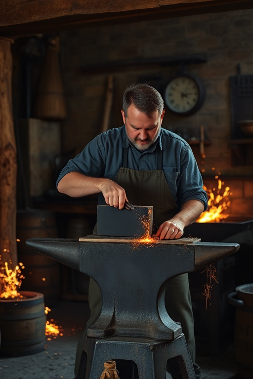 Capture a detailed scene of a blacksmith working diligently at an anvil in a rustic forge, showcasing sparks flying as he hammers metal, using a Canon EOS R5, 24mm lens, f/8 aperture, ISO 100, natural light with soft shadows for an authentic atmosphere.