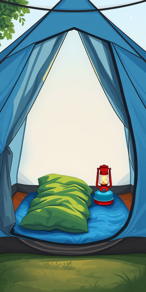 Create a detailed illustration of an open blue camping tent from the inside view, featuring a green sleeping bag, a blue mat, and a red lantern, use a digital illustration style, set the resolution to 300 DPI, use a wide-angle lens effect to enhance depth, and apply soft lighting to create a cozy atmosphere.