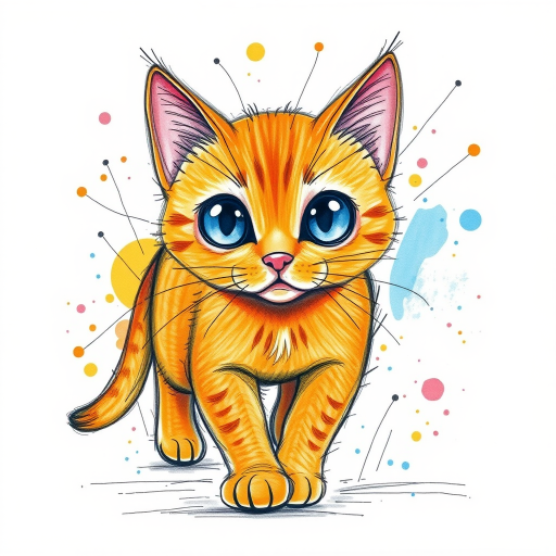 A vibrant childs coloured pencil drawn illustration of a bright orange cat with large, expressive blue eyes, a very cute style. The cat appears to be walking towards the viewer, surrounded by an abstract splash of colors and fine black lines, giving the image a dynamic and artistic flair. The background is a soft beige, highlighting the cat's vivid coloration and playful demeanor. Naively drawn scratchy line style.