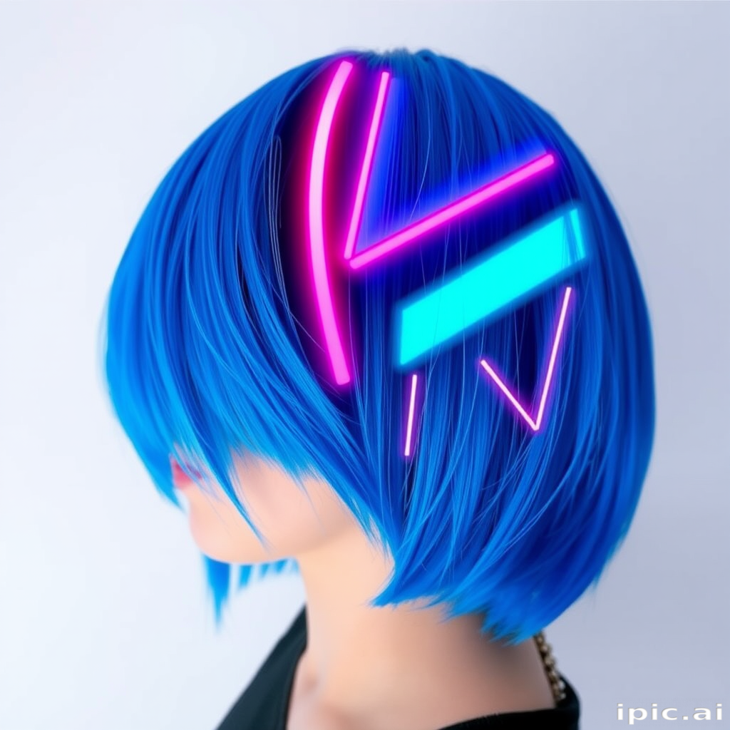 Electric blue bob with "Neon Nights" design showcases a geometric cut and vibrant neon accents for a futuristic look