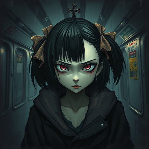 Darkness, horror, creepy, Impressionist Anime painting, metro 2033, disease, mine - type, mass - produced type, cross, slanted eyes, thick coating, twintails, ribbon, black hair, pink eyes, on metro station interior, horror movie atmosphere, dramatic light atmosphere, by Malcolm Liepke, Casey Baugh, jujin ito, and Nick Alm