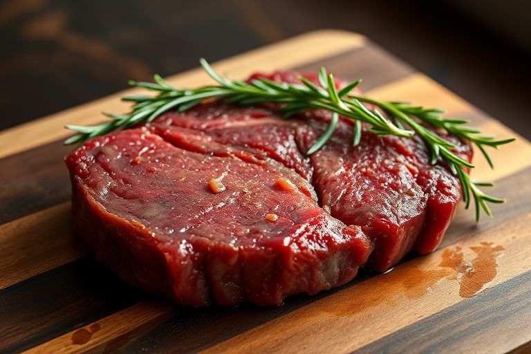 A raw ribeye steak on a wooden cutting board with rosemary, shot with a DSLR camera at f/2.8 aperture, 50mm lens, ISO 100, natural lighting from the side, high resolution for enhanced detail.