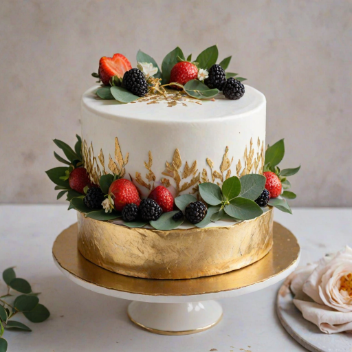 Create a beautifully decorated cake featuring a smooth white icing with gold leaf accents. The cake should have fresh strawberries, blackberries, and a single red rose on top. Add some eucalyptus leaves for a touch of greenery. The cake should be presented on a simple white cake stand against a soft, blurred background of flowers.