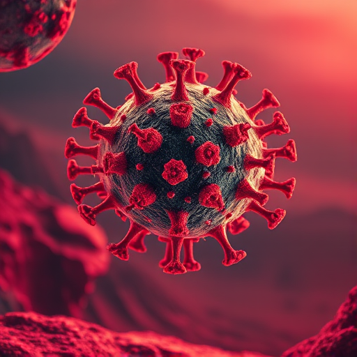 create a high-resolution digital artwork of a massive, vibrant virus floating in a surreal landscape with reddish textures, use a DSLR camera effect, aperture f/8, ISO 100, 24mm lens, soft focus background for depth, and dramatic lighting to enhance details and colors.