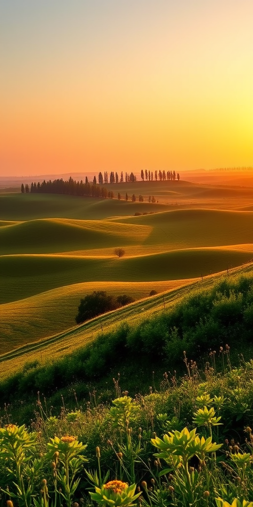 Capture a wide-angle view of a lush green landscape with rolling fields and a distant tree line, during golden hour, using a DSLR camera with a 24mm lens, aperture f/8, ISO 100, and a shutter speed of 1/125 sec for enhanced clarity and depth.