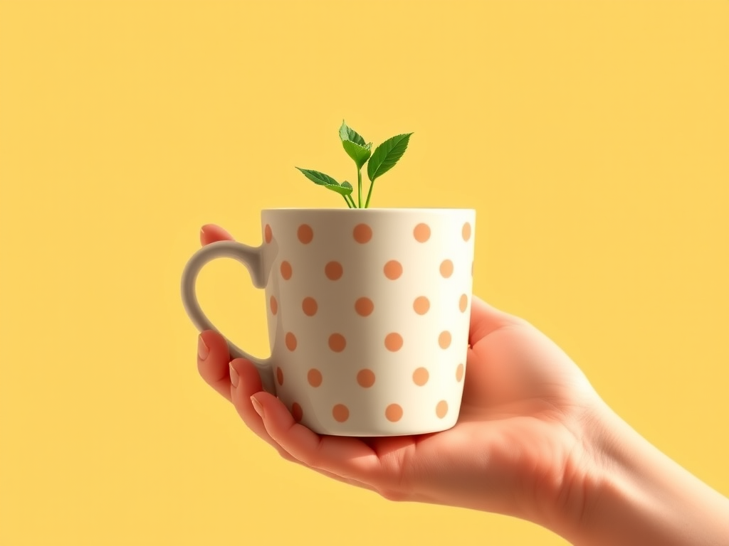 Create a high-resolution illustration of a hand holding a polka-dotted mug with a small green plant emerging from it, soft focus, with a pastel yellow background, using a DSLR camera at 50mm f/1.8 aperture, natural light, and vibrant color settings.