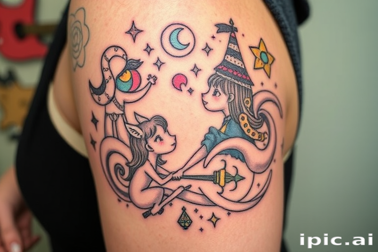 Illustrative tattoo titled "Storybook Adventure" showcasing a whimsical scene from a fairytale with fantastical creatures and magical elements, utilizing a mix of fine lines and soft shading techniques