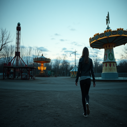 Deserted amusement park at dusk, rusted rides standing silent, a woman in a leather jacket explores cautiously, her footsteps echoing softly in the still air.