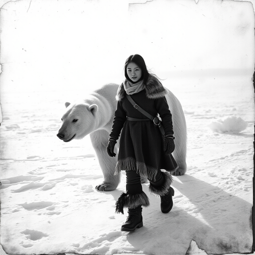 A very old photograph in black and white. The photo is badly damaged, faded, with scratches, tears, smudges and dirt. The photo is ultra-realistic and very detailed. It's a picture of an Arctic warrior. She is walking serenely towards the camera. At her side walks a majestic polar bear. Its fur shines in the sunlight. Snow, ice, sea. wind. snow in the air.