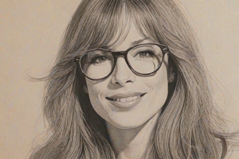 Delightful Carly Simon, pencil sketch, portrait of Dazzling woman 1968s in glasses, hair style beatnik, outline, clear lines, fine lines, 8k