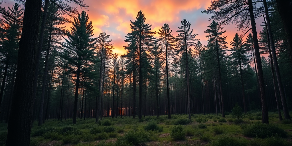 Create an image of a serene forest landscape at sunrise, using a Canon EOS R5 with a 24-70mm lens, aperture f/8, ISO 100, shutter speed 1/250s, capturing the soft light filtering through the trees and the vibrant colors of the sky in a wide-angle view.