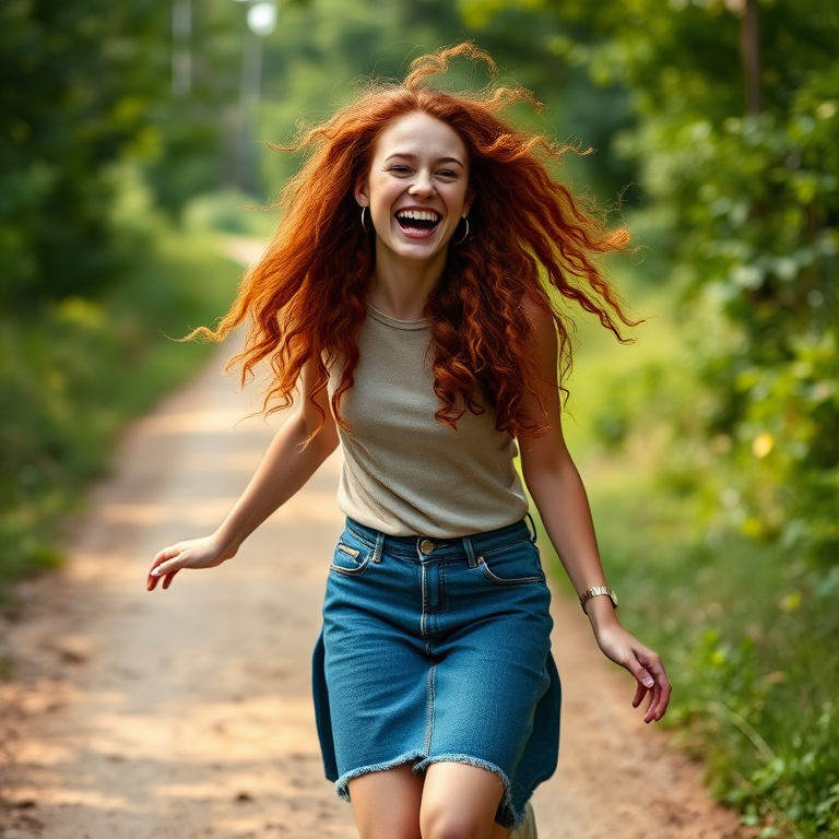 A joyful young woman with long, curly red hair laughing and jumping on a dirt road surrounded by greenery, shot with a Canon EOS R5, 85mm lens, f/1.8, ISO 100, natural lighting, shallow depth of field for a blurred background effect.