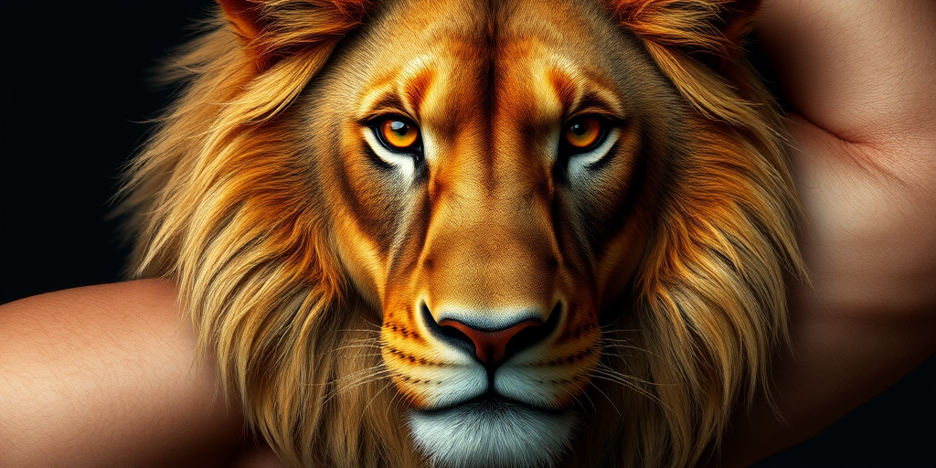 Hyper-realistic 3D lion portrait on bicep, mane seemingly alive with movement, piercing amber eyes gazing out, fine details in fur texture