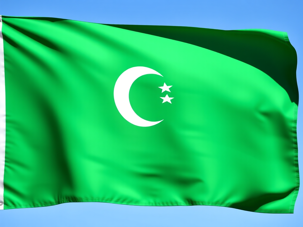 Create a high-resolution image of the Comoros flag, capturing vibrant colors with a focus on the green triangle featuring a white crescent and four stars, using a DSLR camera with a 50mm lens, f/1.8 aperture, ISO 100, and natural lighting for enhanced clarity and detail.