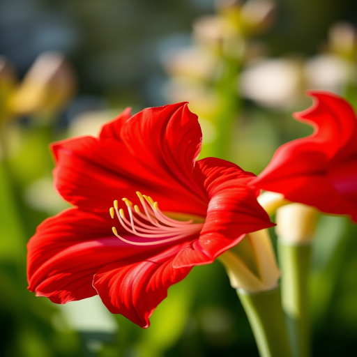 High-resolution close-up of a vibrant red amaryllis flower, natural lighting, 50mm lens, f/1.8 aperture, ISO 100, shallow depth of field, soft focus background, DSLR camera.