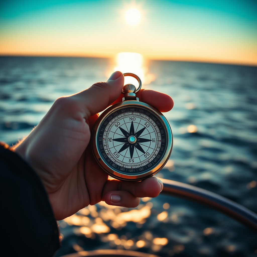 Create a detailed nautical navigation scene featuring a hand holding a compass with an ocean horizon in the background and a bright star above, using a DSLR camera with a 50mm lens, aperture set to f/2.8, shutter speed of 1/200s, ISO 100, captured in natural light from the golden hour to enhance colors and clarity.