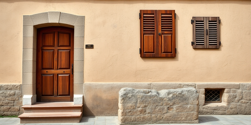 Capture a charming old building facade with a brown door, stone steps, and wooden shutters, using a DSLR camera at f/8, ISO 200, 1/125s, in natural light with a wide-angle lens for a detailed view.