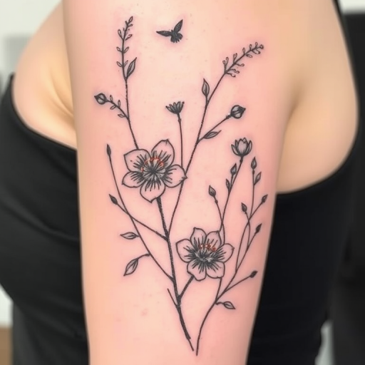 Sketch style tattoo called "Ephemeral Nature" showcasing flora and fauna with loose, gestural lines and subtle shading to create a hand-drawn appearance