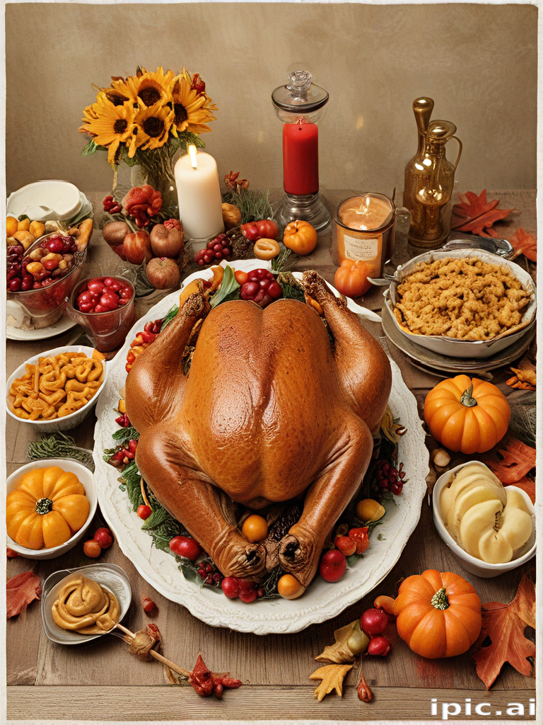 Thanksgiving Feast Featuring a Golden Turkey Surrounded by Seasonal ...