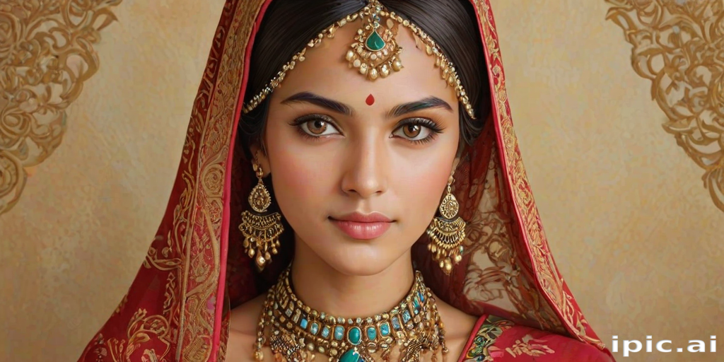 Create a portrait of a beautiful woman with striking hazel eyes and a gentle expression. She is adorned in traditional attire with intricate patterns, including a richly embroidered headscarf and matching garments. Her jewelry includes a delicate headpiece, dangling earrings, and ornate bracelets, all featuring vibrant gemstones and detailed metalwork. The background is soft and warm, enhancing the rich colors of her outfit and jewelry.