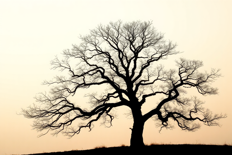 Generate a high-resolution image of a stylized silhouette of a tree with intricate branches against a soft gradient background, using a DSLR camera with a 50mm lens, aperture set at f/1.8, ISO 100, shot from a slightly elevated angle, in natural light for enhanced texture and detail.