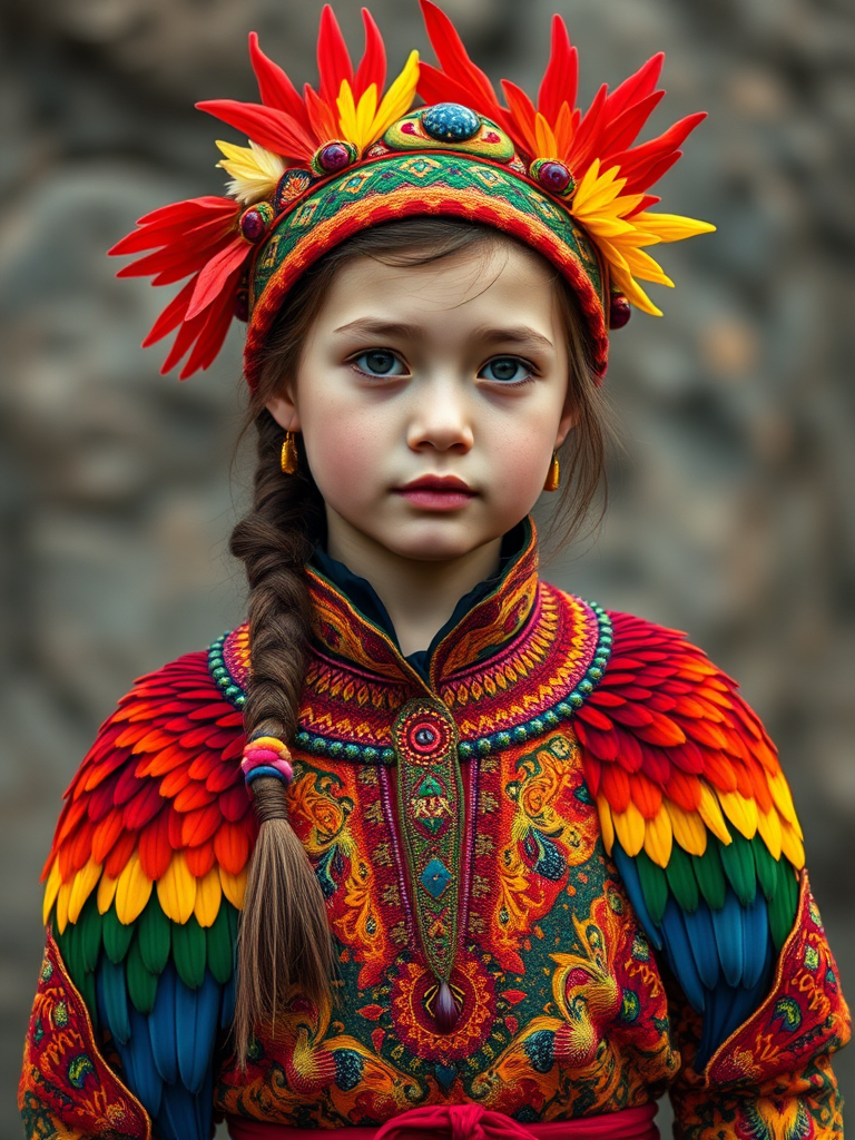 A beautiful Eurasian girl, wearing colorful bird clothing with vibrant colors