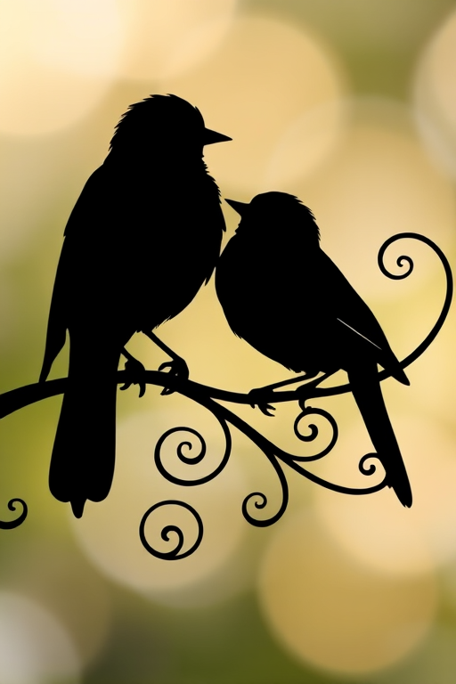Create an intricate silhouette of two birds perched closely on a stylized branch with whimsical curls, captured with a DSLR camera at f/2.8, 50mm lens, natural light, focusing on details in a soft bokeh background.