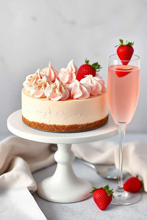 A beautiful cheesecake topped with fluffy pink whipped cream peaks sprinkled with gold flakes served on a white cake stand alongside two elegant champagne glasses filled with a light pink drink garnished with strawberries against a soft gray background.