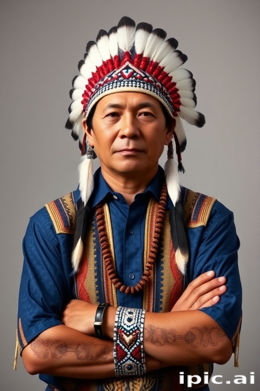 Create a dignified portrait of a Native American man dressed in traditional attire. He wears a beautifully crafted headdress adorned with white feathers and red beads, along with a beaded headband featuring intricate patterns. His clothing includes a deep blue, patterned shirt and a traditional chest piece with detailed beadwork. His arms are crossed, displaying leather armbands decorated with feathers. The background is simple and neutral, emphasizing his proud and stoic expression. The overall image captures the rich cultural heritage and strength of his persona.