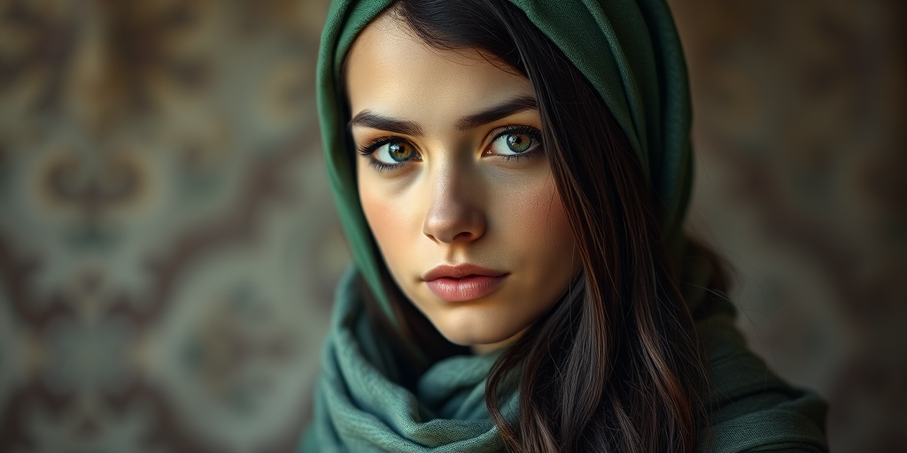Create a portrait of a young Georgian woman with long, dark hair and captivating hazel eyes. She is wearing a green headscarf and a matching scarf draped gracefully around her neck. The background is softly blurred, focusing attention on her serene and natural expression. The overall color palette is muted and warm, enhancing the intimate and authentic feel of the portrait.