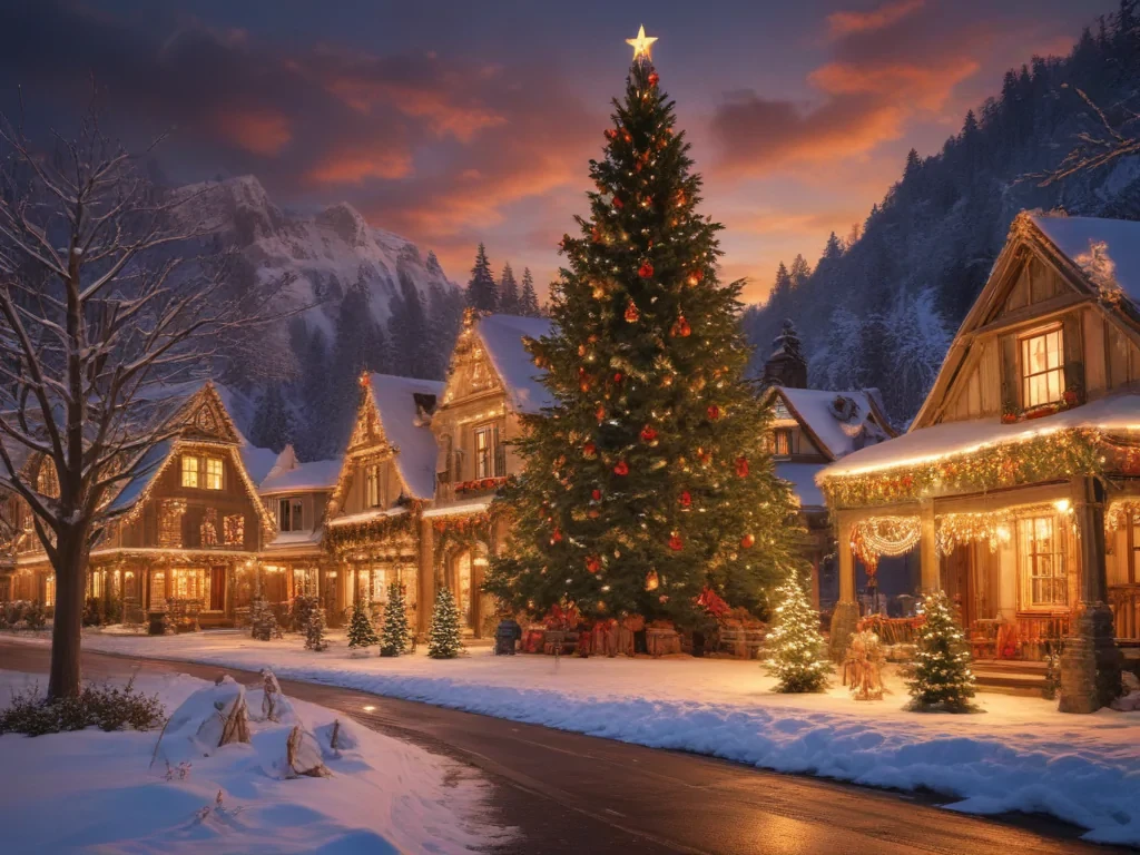 Charming Winter Village Adorned with Christmas Lights and a Majestic Tree