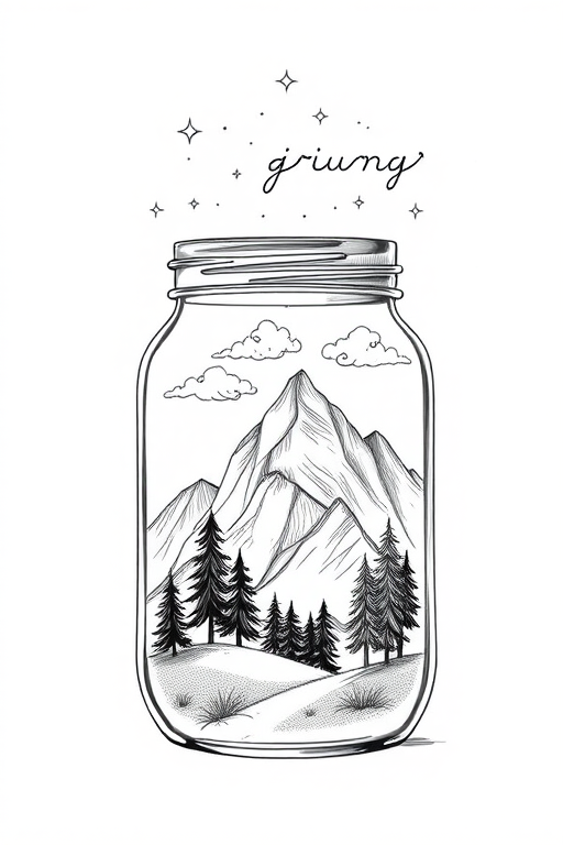Create a detailed illustration of a jar filled with a mountainous landscape under a starry sky, incorporating trees and clouds, shot with a 50mm lens, f/2.8 aperture, ISO 100, in natural light, with a focus on intricate line work and shading, styled as a minimalist black and white drawing.