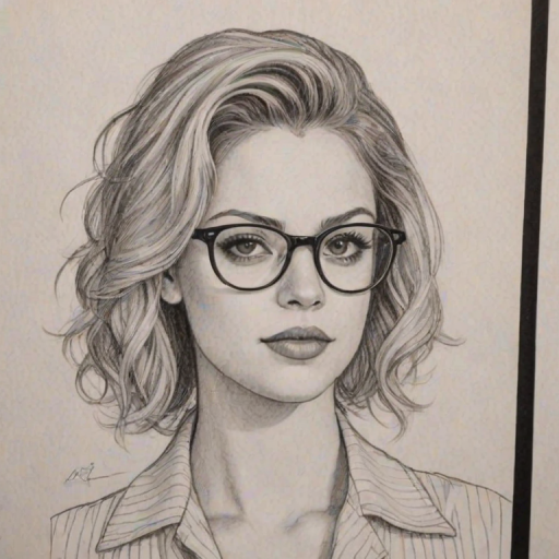 Fascinating Gage Golightly, pencil sketch, portrait of Superb woman 1931s in glasses, hair style beatnik, outline, clear lines, fine lines, 8k