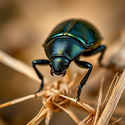 Close-up macro photograph of a shiny beetle perched on dried grass, captured with a Canon EOS 90D, 100mm f/2.8 Macro lens, f/5.6 aperture, 1/200s shutter speed, ISO 200, using natural light with a blurred background for depth of field.