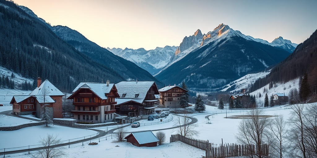Capture a serene winter landscape in the Dolomites with snow-covered mountains in the background, a quaint village with traditional architecture in the foreground, soft pastel sky during sunset, using a full-frame DSLR camera, 24mm lens, f/8 aperture, ISO 100, 1/60s shutter speed for enhanced clarity and depth.