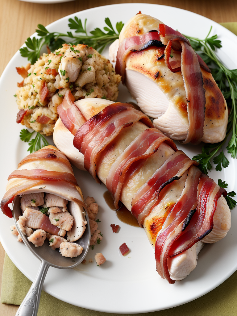 chicken breast with stuffing wrapped in bacon
