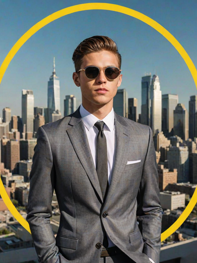 create an illustration of a stylish young man in a suit and sunglasses with a city skyline background and a large yellow circle behind him, emphasizing a modern and confident look