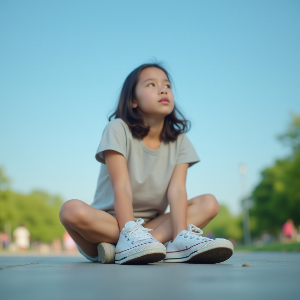 Generate an ultra-realistic, highly detailed, high-definition photograph. It's a photo of a girl sitting on the floor. She's looking at the horizon. The photo is taken from the bottom up, at ground level. The girl's sneakers are in the foreground, in the center of the scene. The girl is wearing light clothes, a t-shirt and short shorts. The sky is blue. Bright environment. The background is a blurred image of a park.