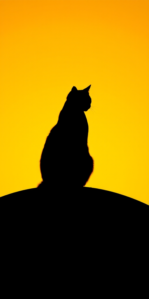 Create a silhouette of a black cat sitting on a curved hill against a vibrant yellow background, using a Canon EOS R5 with an 85mm lens, f/2.8 aperture, ISO 100, and a shallow depth of field for enhanced clarity and contrast.