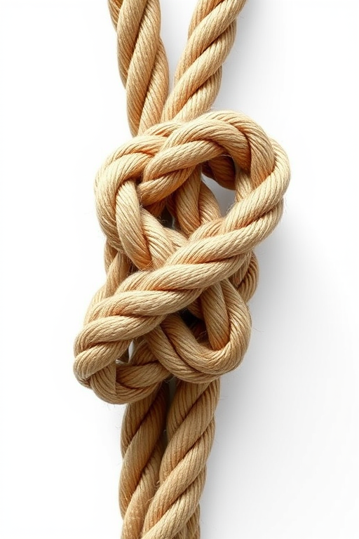 Create a detailed vector illustration of a tightly tied rope knot, captured in high resolution with a DSLR camera at f/8 aperture, ISO 200, and a 50mm lens, using a top-down view for clarity and emphasis on texture, with soft natural lighting to enhance the shadows and highlights.