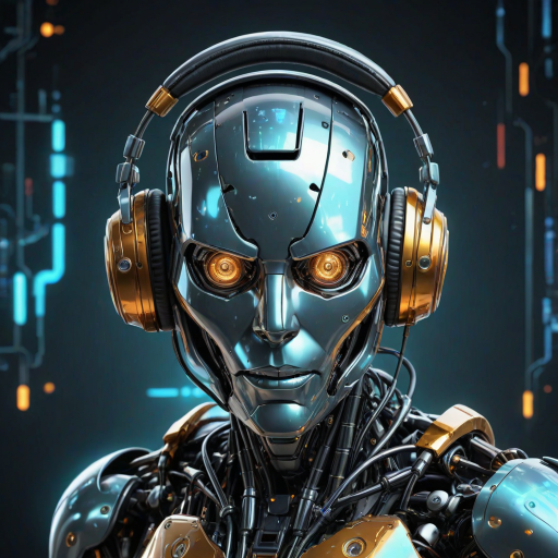 Create an image of a futuristic robot with a sleek metallic design. The robot should have a digital display showing the letters "AT" in bright colors. It is wearing headphones and has an engaging expression. The background should feature abstract tech elements with glowing lights and circuits, conveying a sense of advanced technology and innovation.