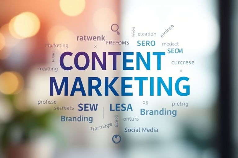 Create a high-resolution image depicting the concept of digital marketing with elements like content marketing, SEO, branding, and social media in a blurred background, captured using a Canon EOS R5, 50mm f/1.2 lens, at f/2.8, ISO 100, with a shallow depth of field and a soft focus effect to enhance clarity on the text elements.
