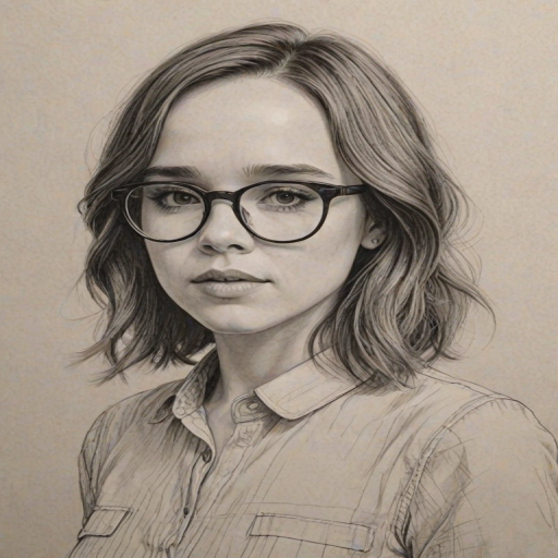 Stunning Ellen Page, pencil sketch, portrait of Elegant woman 1969s in glasses, hair style beatnik, outline, clear lines, fine lines, 8k